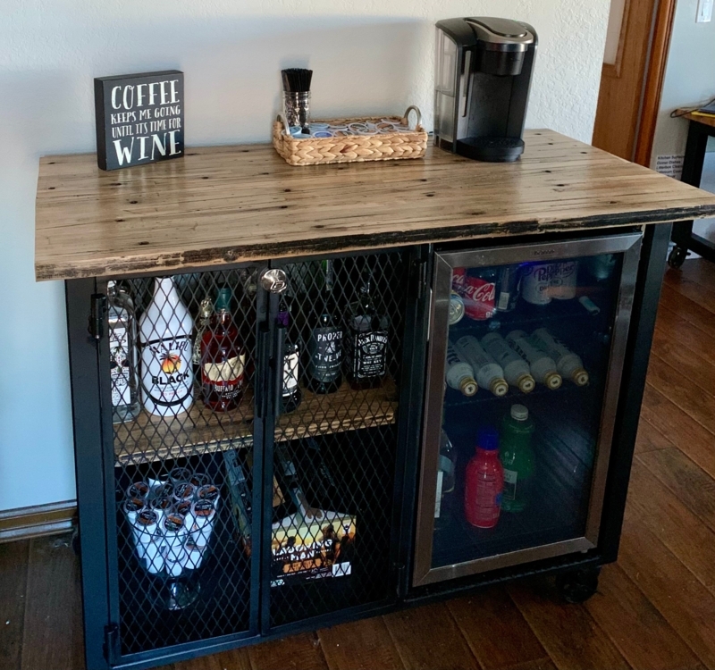 Rustic Industrial Bar Cabinet with Mini Fridge
