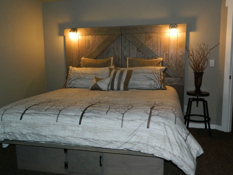 Rustic King-Size Headboard with Warm Reading Lights
