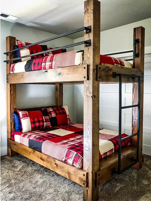 Rustic King Size Wooden Bunk Bed with Cozy Bedding