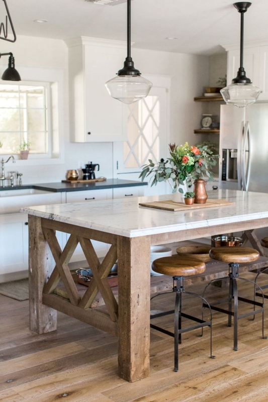 Rustic Kitchen Island with Marble Top and Wood Base