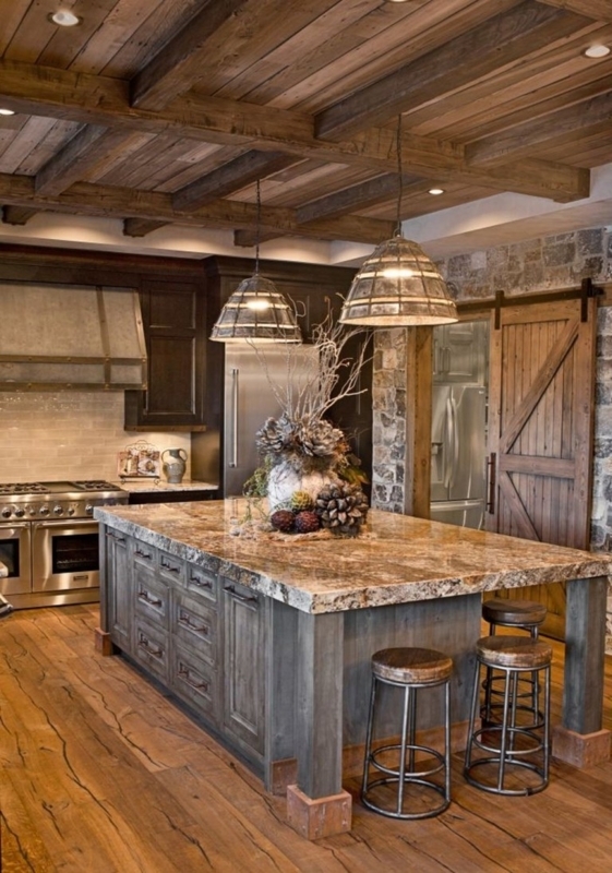 Rustic Kitchen Island with Stone Countertop and Wood Beams