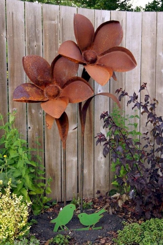 Rustic Metal Flower Garden Art with Bird Accents
