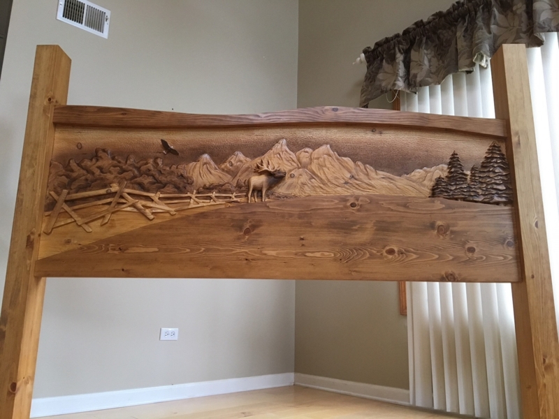 Rustic Pine Headboard with Mountain and Wildlife Carving