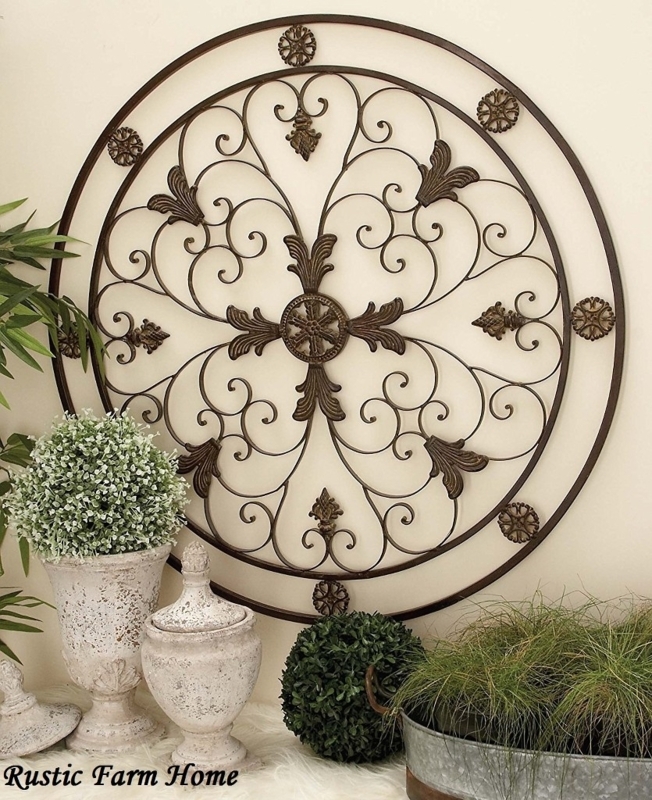Rustic Round Wrought Iron Wall Decor with Scrollwork