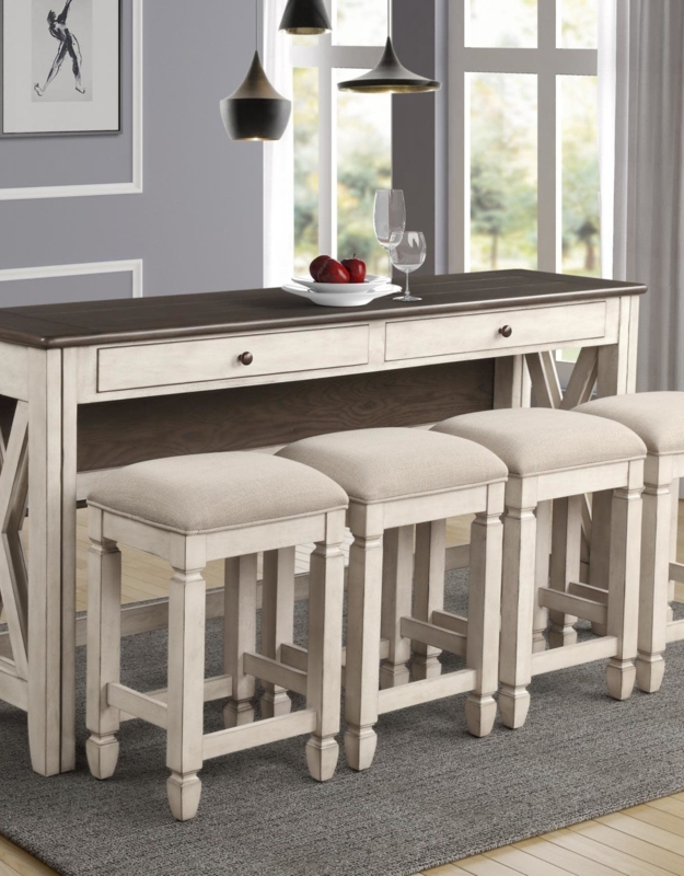 Rustic Sofa Table with Upholstered Barstools Set