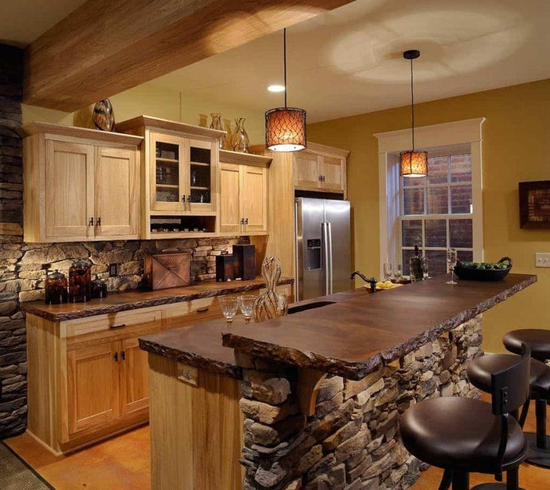 Rustic Stone and Wood Kitchen Island Design