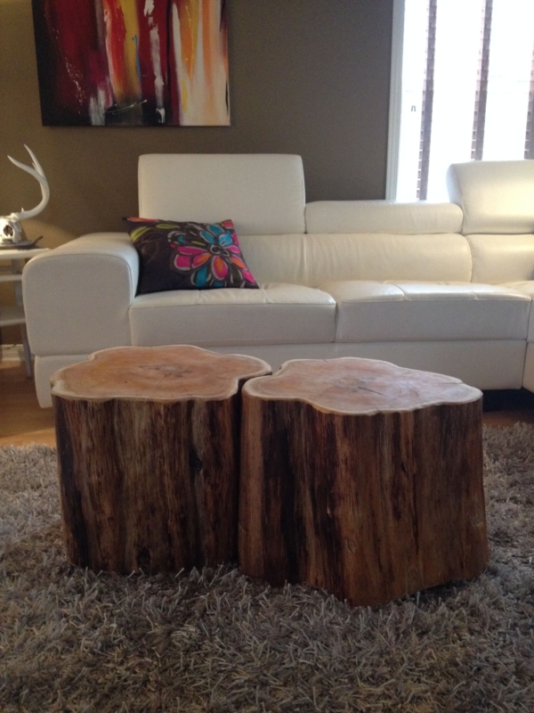 Rustic Tree Stump Coffee Tables with Modern Sofa