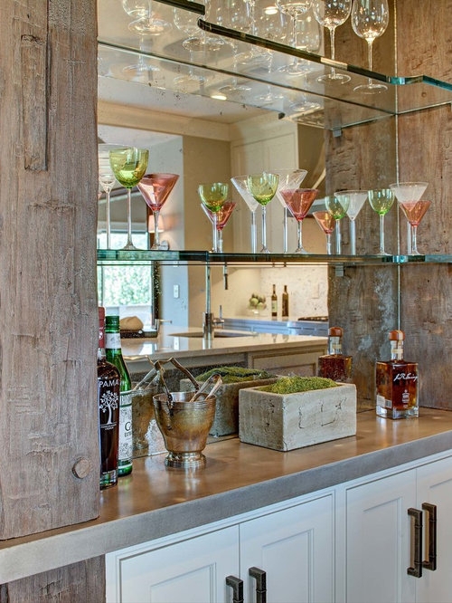 Rustic Wood and Glass Shelves Home Bar Design