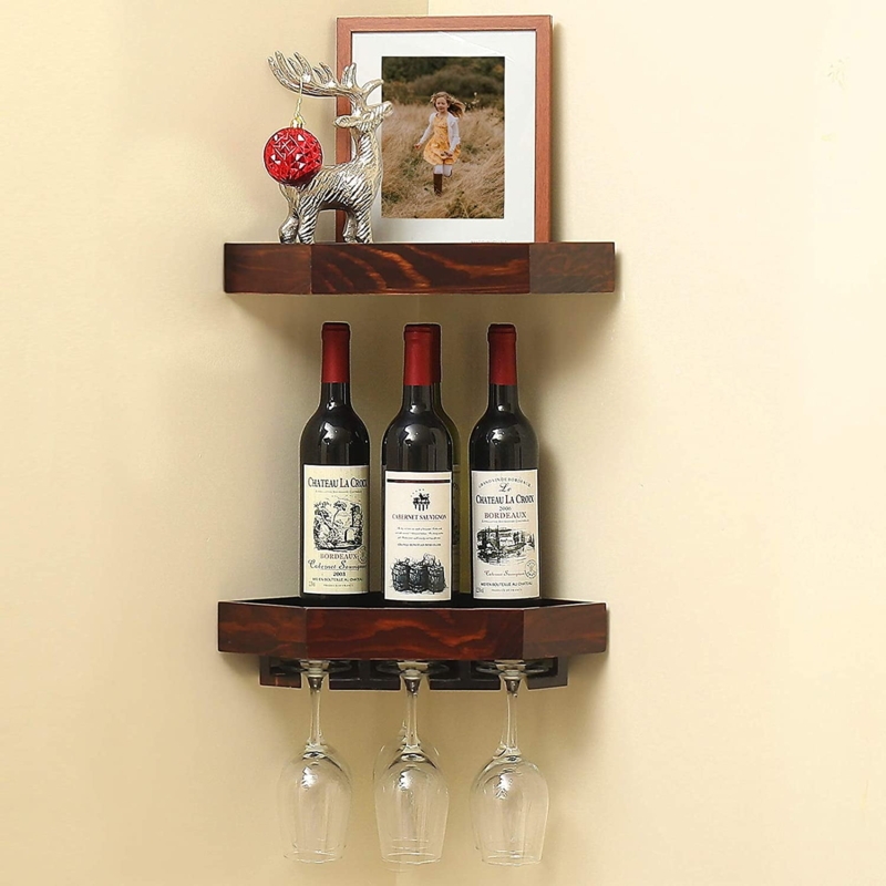 Rustic Wood Corner Floating Wine Rack with Shelves