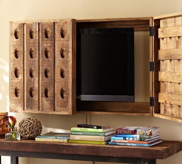 Rustic Wooden Cabinet Concealing TV Behind Doors
