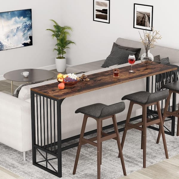 Rustic Wooden Console Table with Stools Behind Sofa