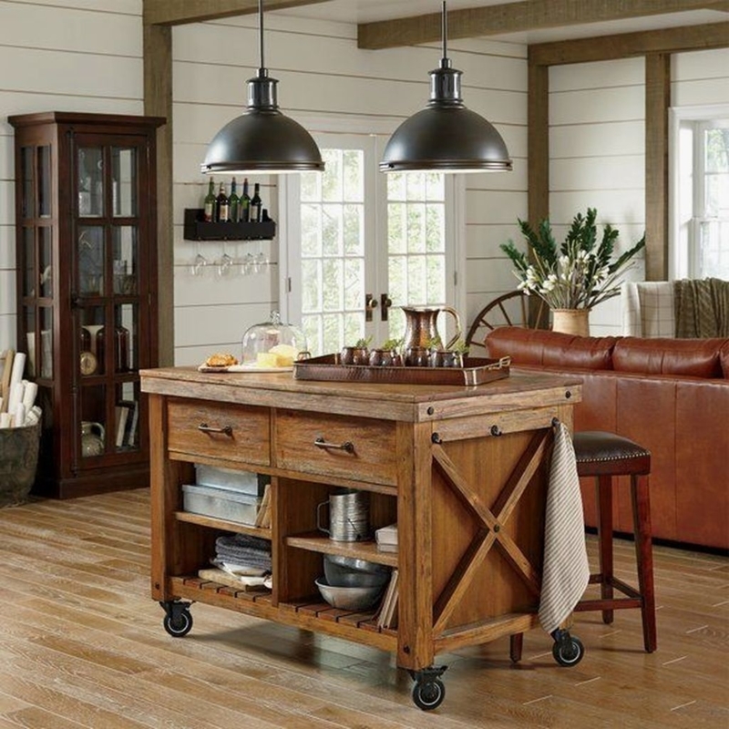 Rustic Wooden Kitchen Island with Storage and Casters