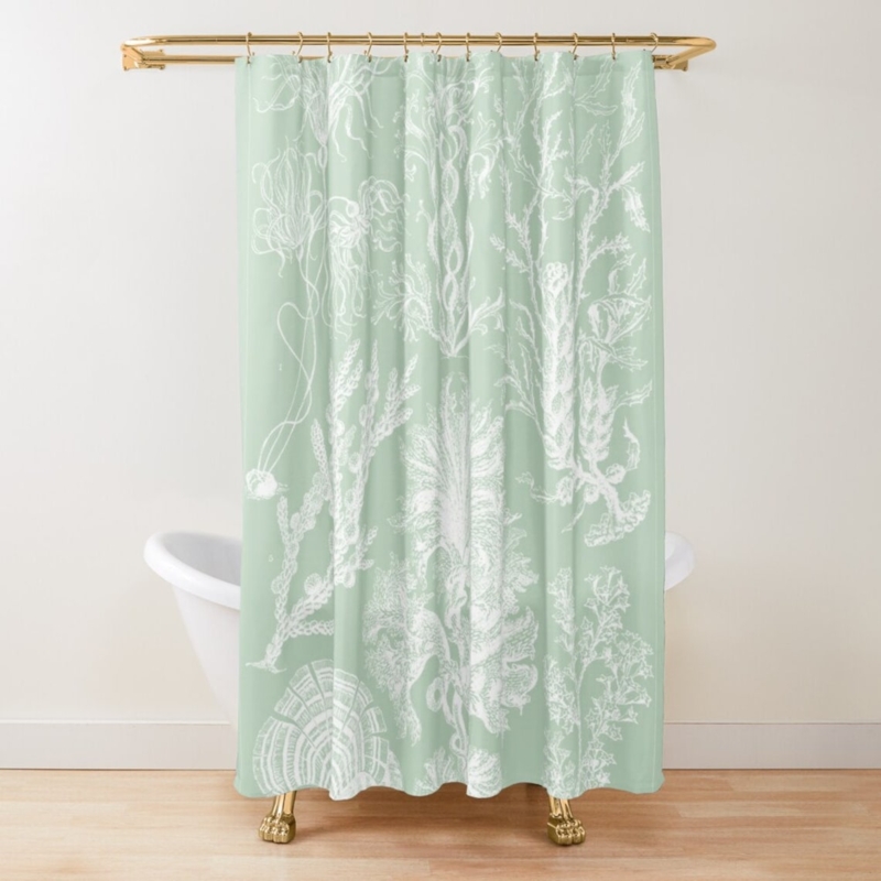 Sage Green Nautical Shower Curtain with Vintage Algae Print