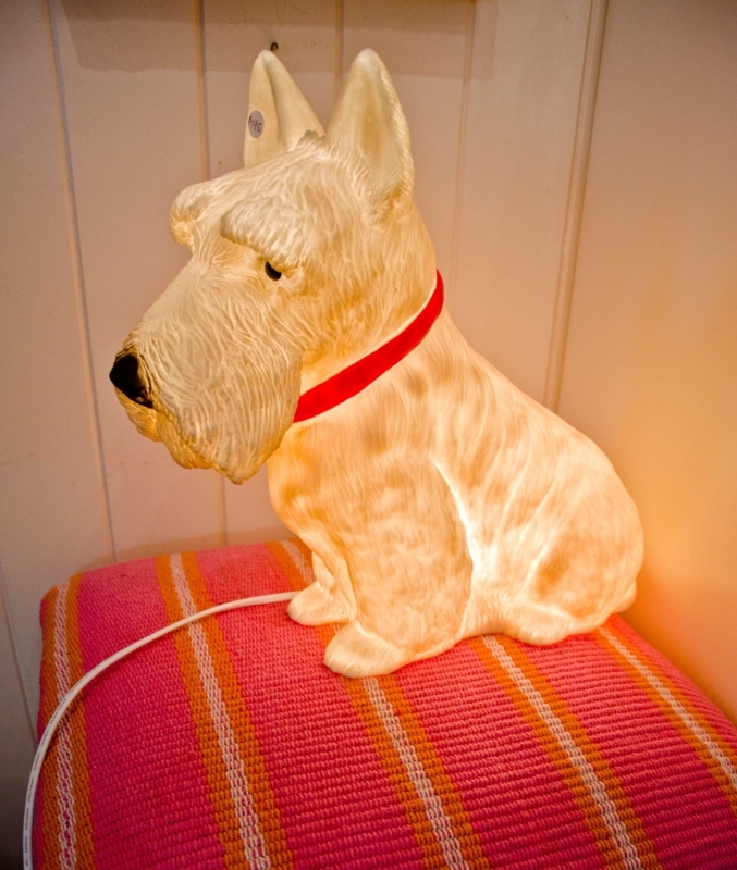 Scottie Dog Lamp with Red Collar on Colorful Throw Blanket