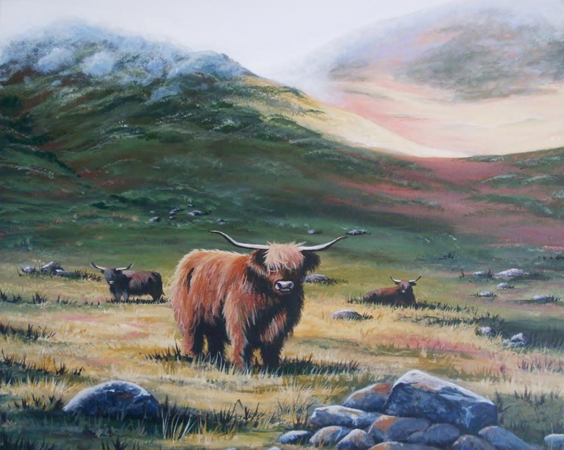 Scottish Highland Cattle Landscape Painting Art