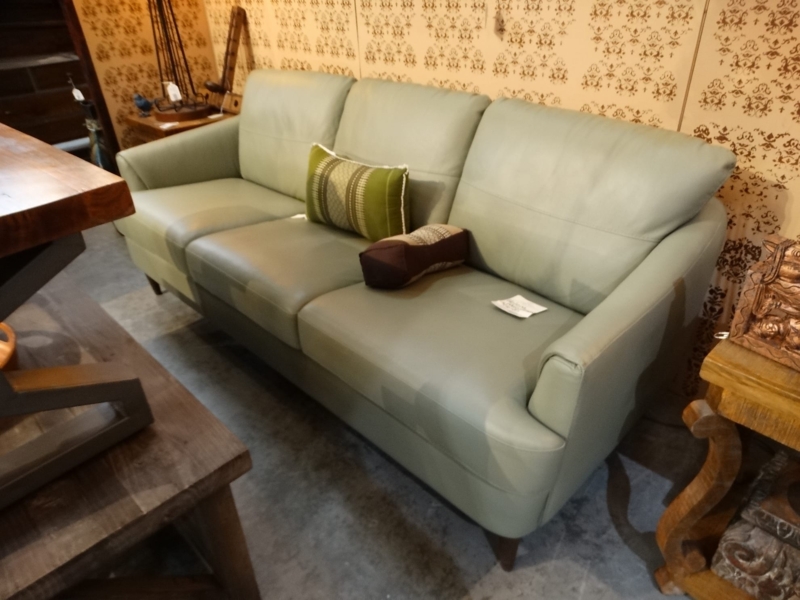Seafoam Green Leather Sofa with Accent Pillows