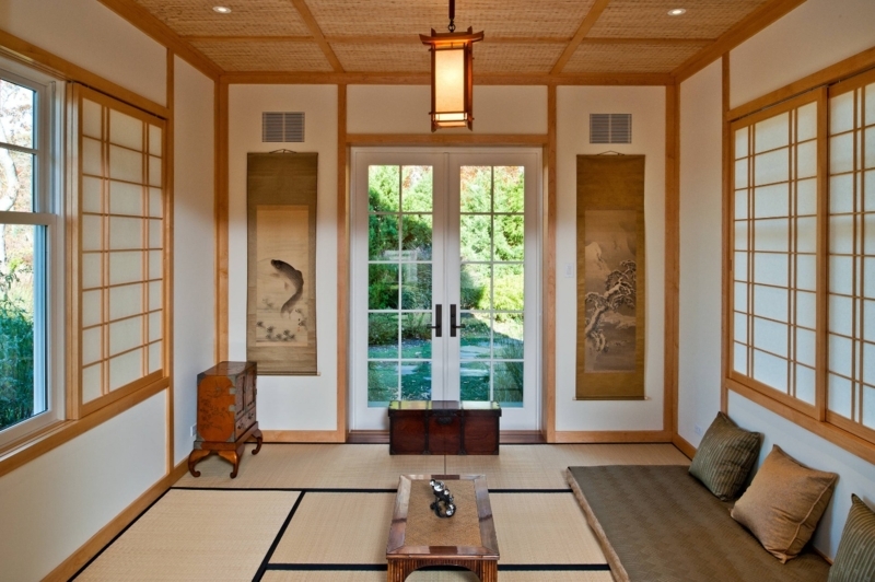 Serene Minimalist Japanese Living Room with Shoji Screens