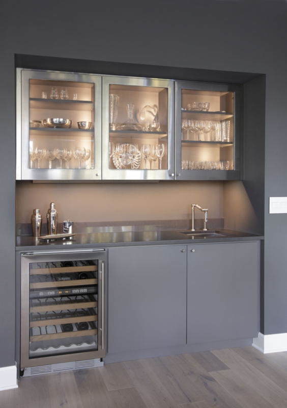 Sleek Modern Wet Bar with Stainless Steel and Wine Cooler