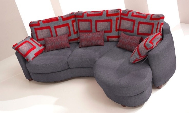 Small Curved Sectional Sofa with Red Patterned Cushions