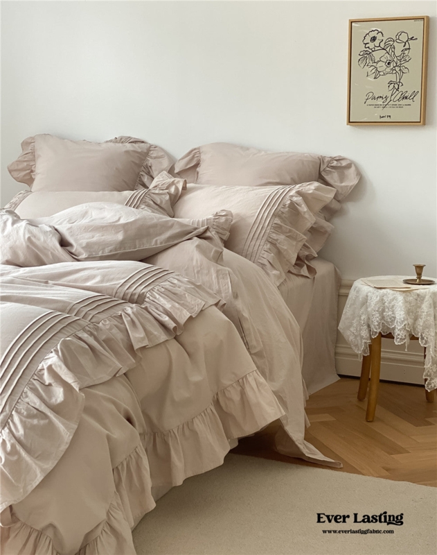 Soft Beige Ruffle Washed Cotton Bedding Set
