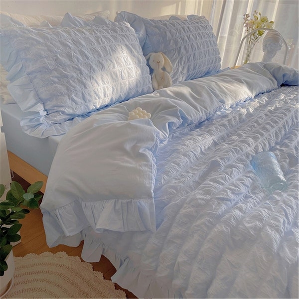 Soft Blue Ruffle Coquette Floral Duvet Cover Set
