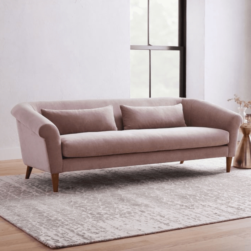 Soft Pink Velvet Sofa with Classic Wooden Legs