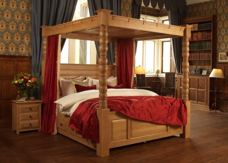Solid Wood Four Poster Bed with Elegant Red Drapes