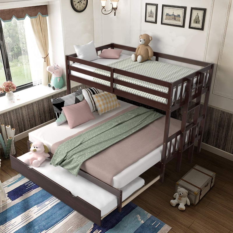 Solid Wood Twin Over Trundle Bunk Bed for Kids