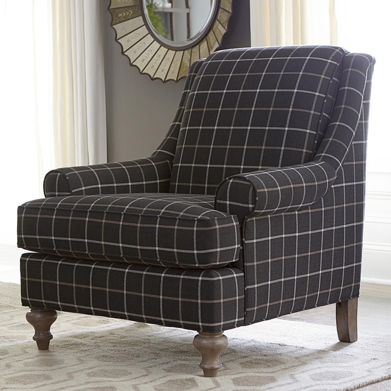 Sophisticated Grey Plaid Accent Chair with Wooden Legs