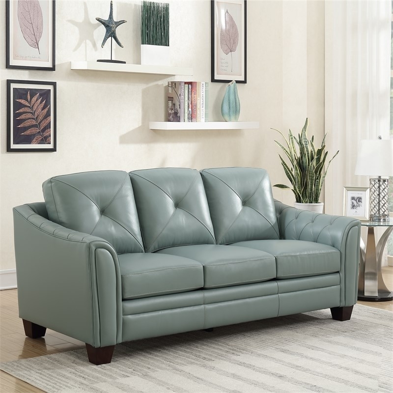 Spa Green Leather Tufted Transitional Sofa Design