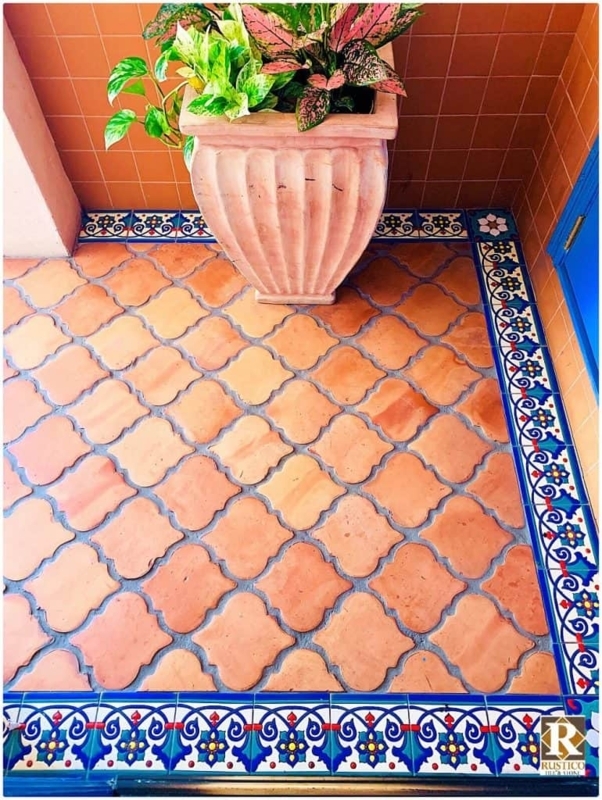 Spanish Terracotta Saltillo Tile with Fleur de Lis Border