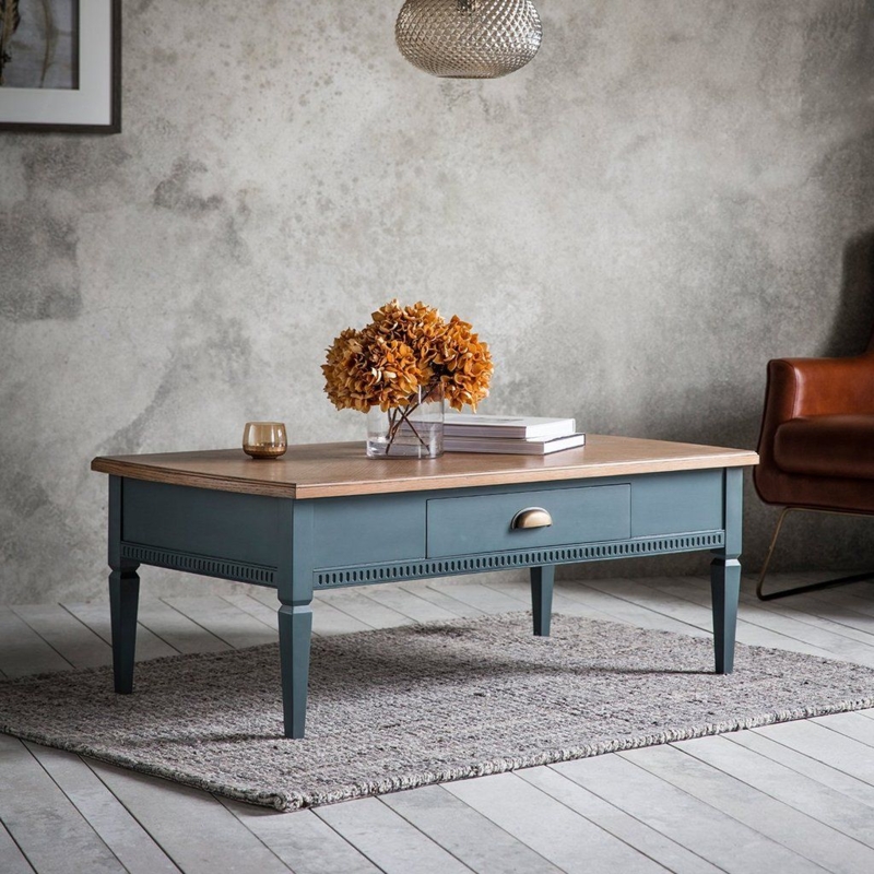 Storm Blue Coffee Table with Natural Wood Top