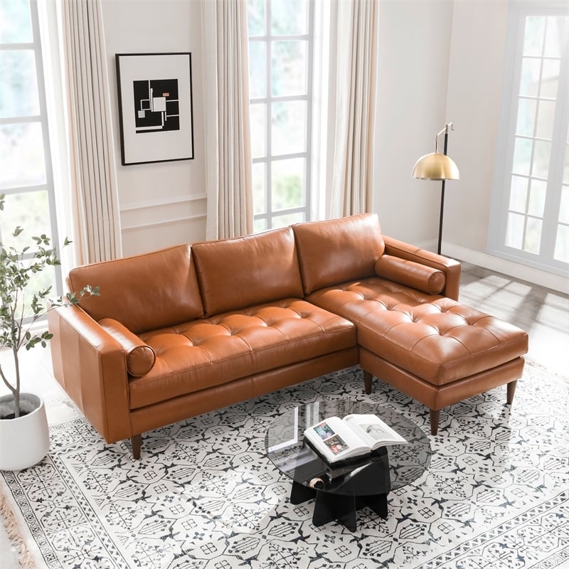 Stylish Camel Leather Sectional Sofa in Living Room