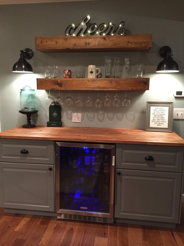 Stylish Home Bar with Cabinets and Wooden Shelves