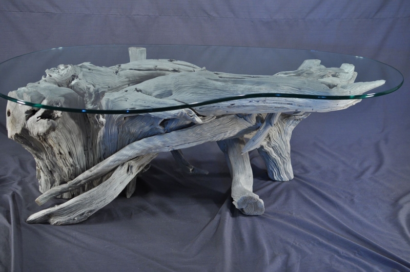 Sun Bleached Driftwood Coffee Table with Glass Top
