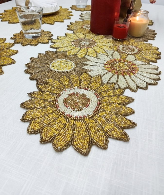 Sunflower Beaded Table Runner and Coasters Set