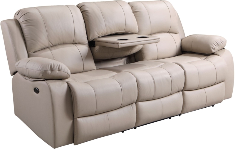 Taupe Leather Power Reclining Sofa with Cup Holders