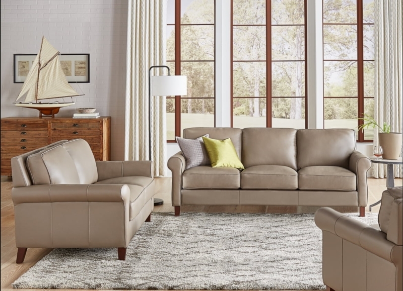 Taupe Leather Sofa Set in Bright Modern Living Room