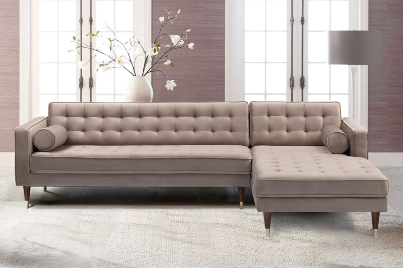 Taupe Velvet Mid Century Modern Sectional Sofa