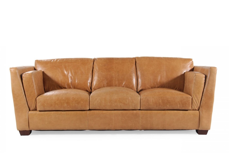 Traditional Caramel Brown Leather Sofa 96 Inch