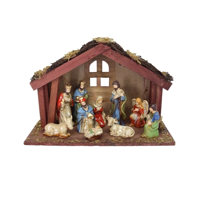 Traditional Ceramic Nativity Scene with Wooden Stable