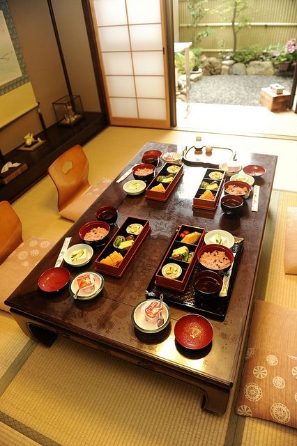 Traditional Japanese Dining Room with Low Table and Tatami Mats