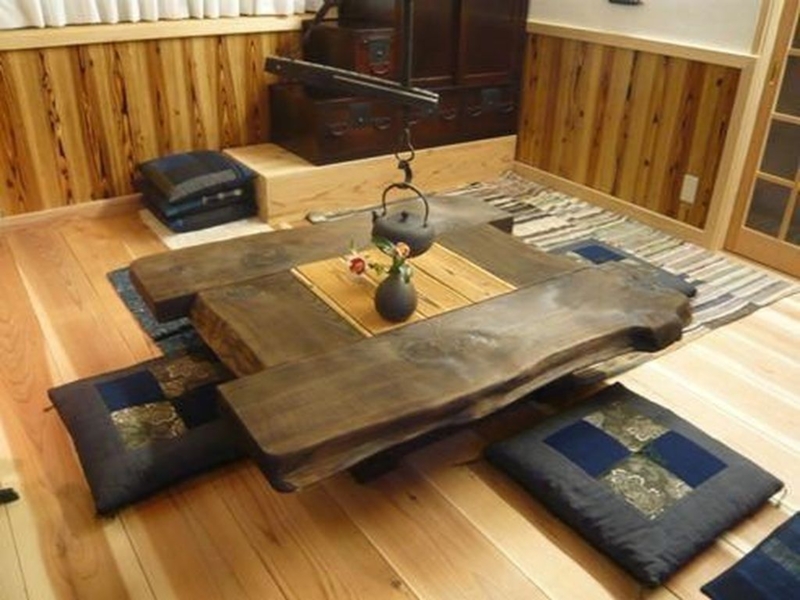 Traditional Japanese Low Wooden Table with Floor Cushions