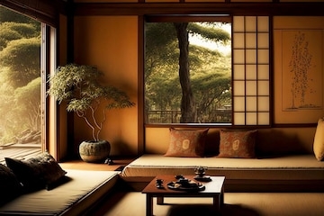Traditional Japanese Sofa with Tatami Mats Interior