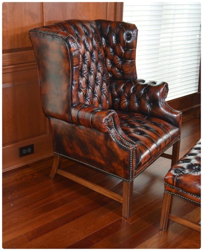 Tufted Leather Wingback Chair and Ottoman in Library