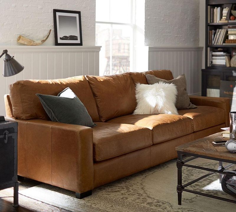 Turner Vintage Caramel Leather Sofa in Cozy Living Room