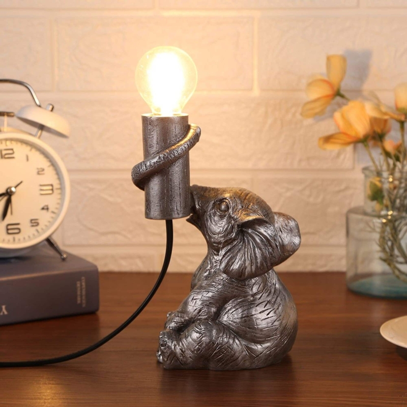 Unique Elephant Table Lamp with Vintage Light Bulb
