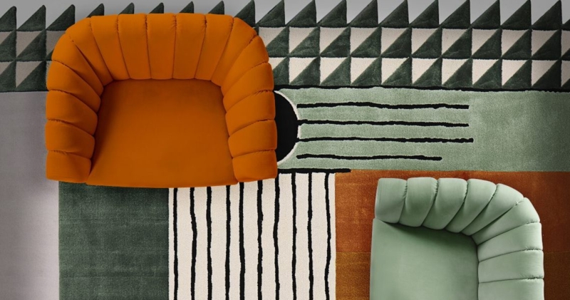 Unique Irregular Shape Rugs with Bold Colorful Chairs
