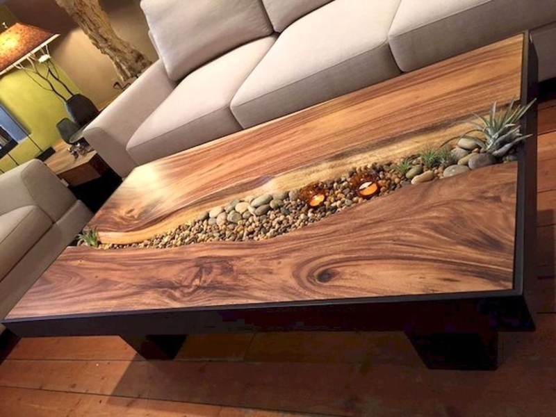 Unique Wood and Stone River Coffee Table Design