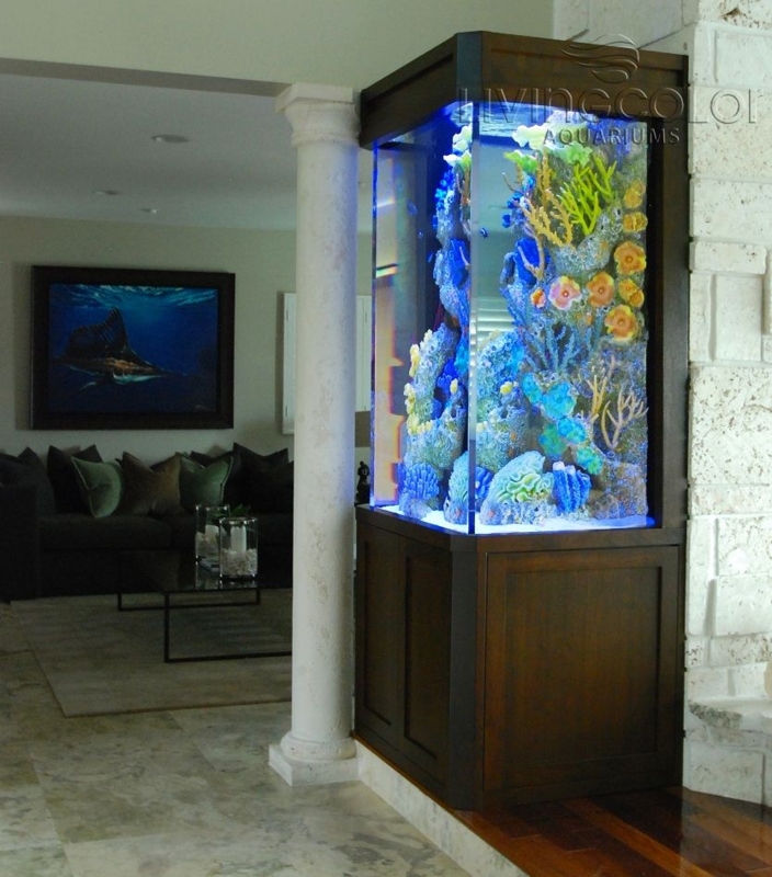 Vertical Aquarium with Vibrant Coral Decor